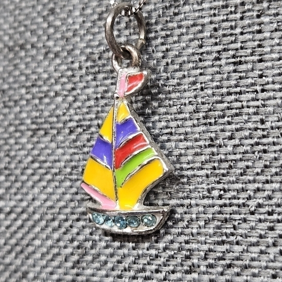 Sterling Silver Colorful Enamel & Rhinestone Sailboat Necklace Charm SS - Picture 2 of 6